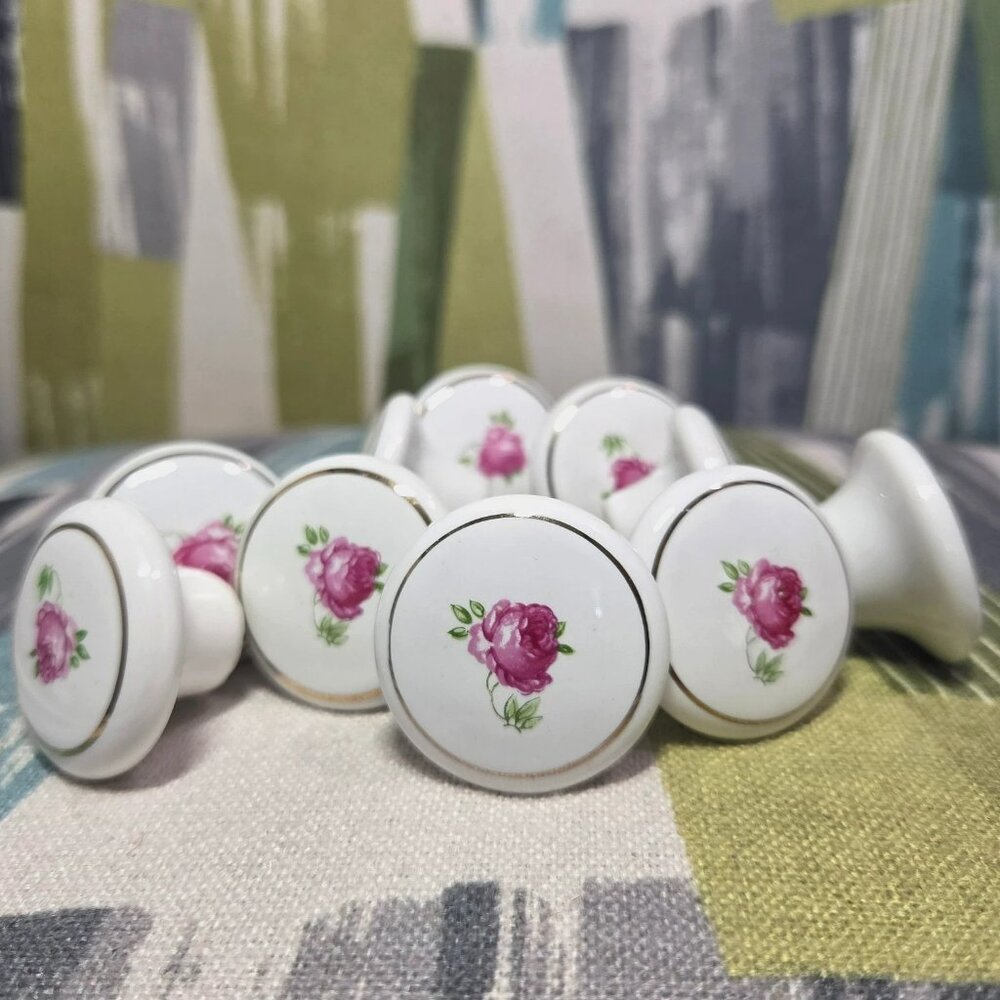 Vtg Porcelain Rose Drawer Knobs x 10 Shabby Chic Cottage Core Cabinet Knob Japan